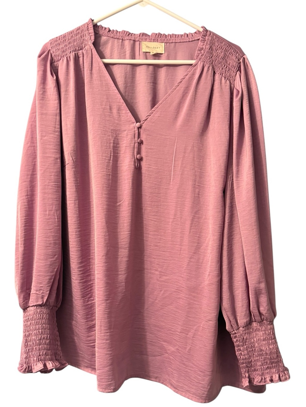 Melloday Top Dusty Rose Smocked Cuff V Neck Blouse Long Sleeve Plus Size 2X